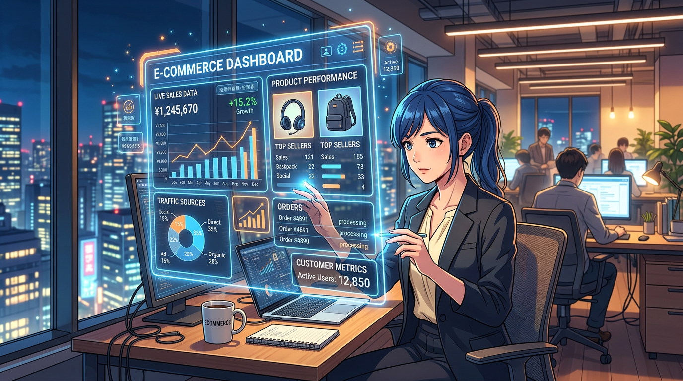Woman using holographic e-commerce analytics dashboard showing sales data and product performance